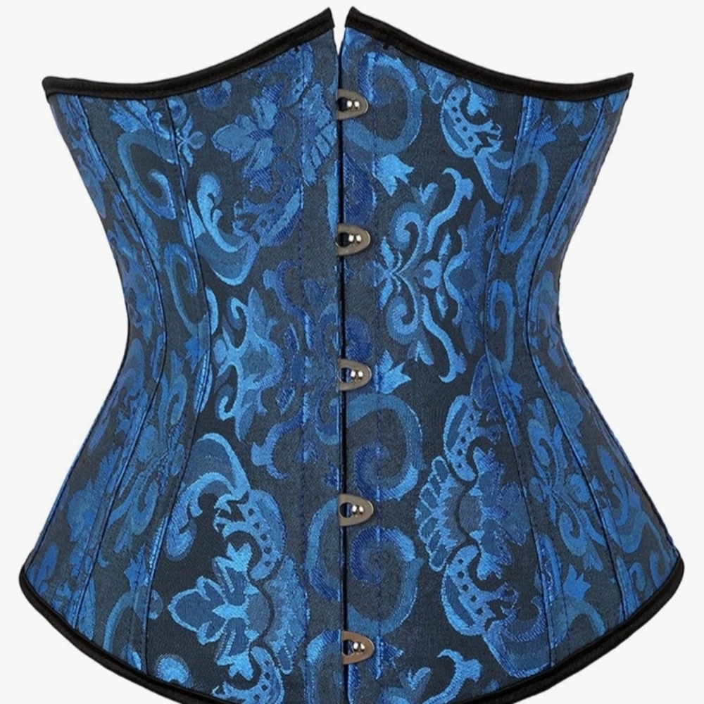 Elegant Blue Brocade Corset Hooks In The Front Laces Up The Back